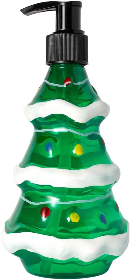 Green soap dispenser shaped like a Christmas tree, decorated with white 'snow' and colorful lights.