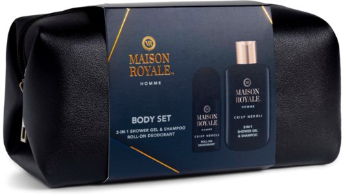 En box med mäns groomingprodukter inklusive 2-i-1 duschgel, schampo och deodorant från Maison Royale.