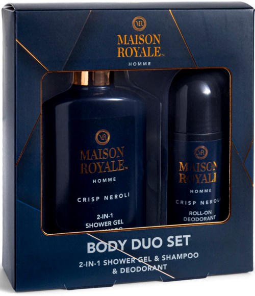 Box med blå och guldförpackning som innehåller duschgel och deodorantflaskor från Maison Royale Homme.