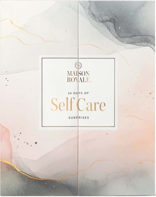 A self-care guide with 24 days of surprises, presented on a pastel, watercolor-style background.