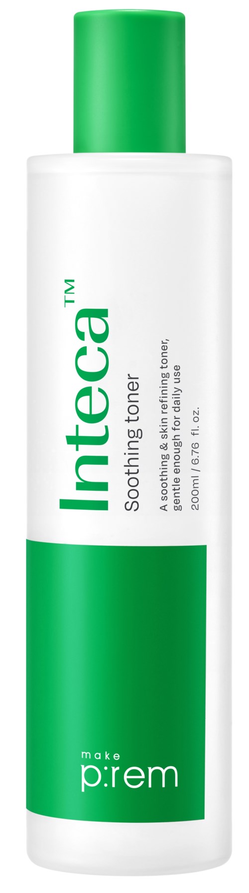 En hvit flaske med grønt lokk og etikett, kalt Intecarta Beroligende Toner, for hudpleie.