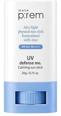 A white and blue sun stick with SPF 50+ and PA++++, designed for skin protection from UV rays.