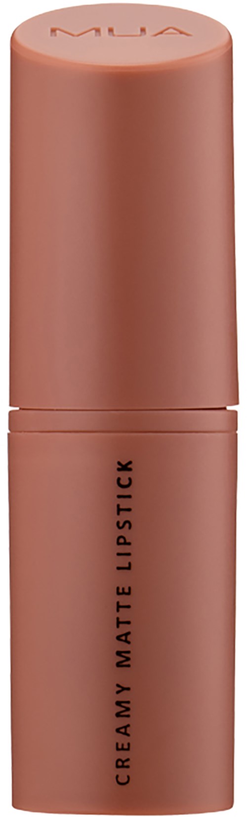 A peach-colored lipstick tube with black text that says 'CREAMY MATTE LIPSTICK' and a rounded cap at the top.