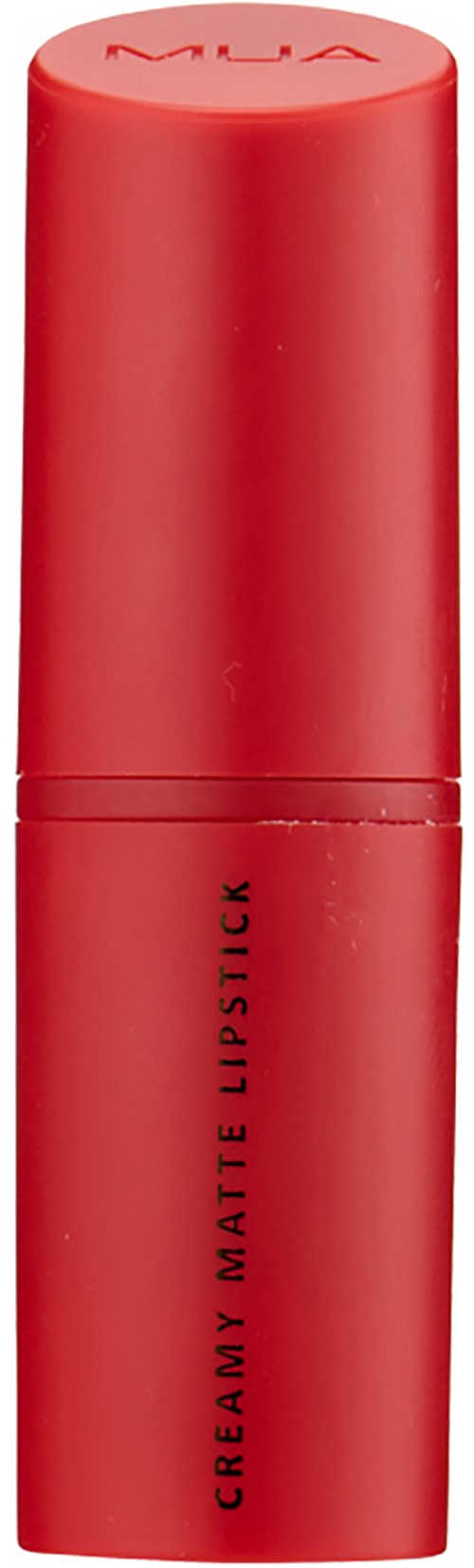 Czerwony sztyft do ust z gładkim, matowym wykończeniem, oznaczony 'CREAMY MATTE LIPSTICK.'