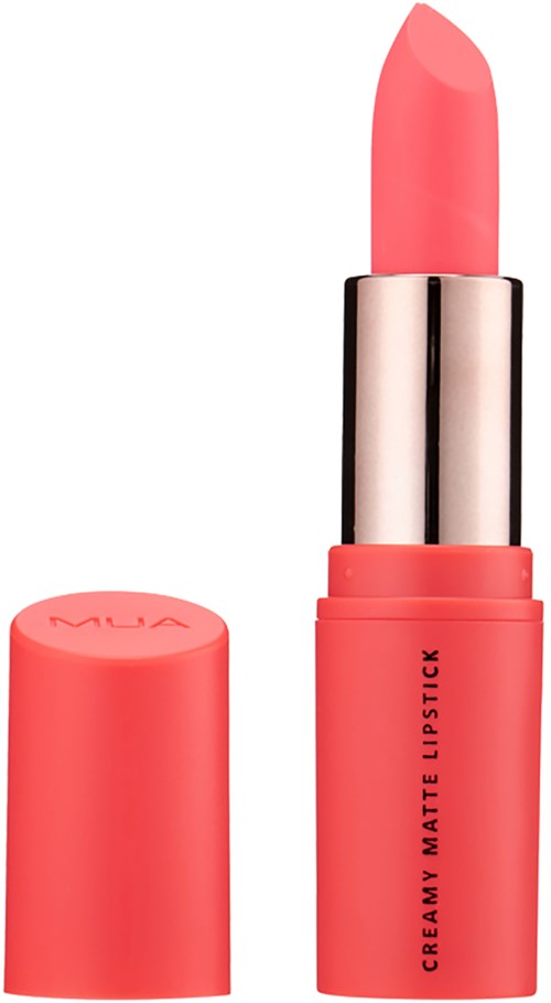 Różowe szminka z srebrną wstążką, oznaczona 'Creamy Matte Lipstick,' bez nakrętki.