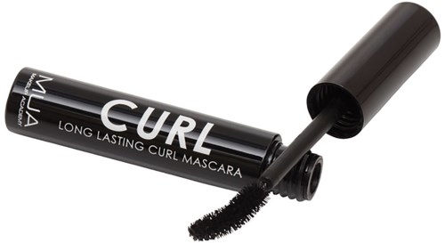 En svart tube mascara med en børste, merket 'CURL' for langvarig krølling av vipper.