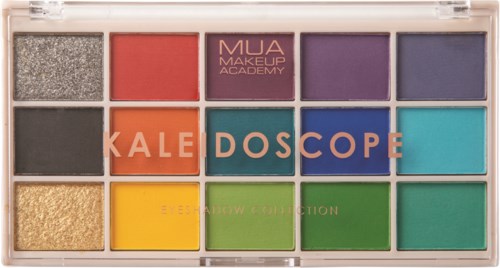 Colorful eyeshadow palette with twelve shades, including purple, blue, green, yellow, gold, orange, red, gray, and black.