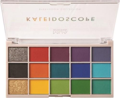 A colorful eyeshadow palette with 15 shades, including glittery, matte, and vibrant colors in a plastic case.