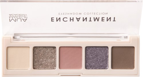 Paleta cieni do powiek z pięcioma kolorami: kremowy, srebrny, różowy, fioletowy i brązowy.