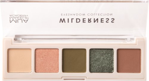 Paleta makijażu z pięcioma kolorami cieni do powiek: beż, róż, zielony, ciemny zielony i brąz.