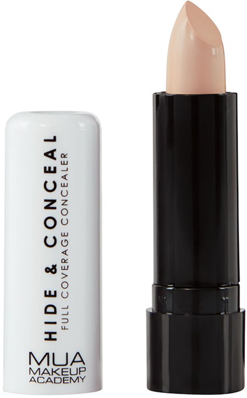 Lipstick outside a white tube with black cap, labeled 'HIDE & CONCEAL'. The lipstick is beige. 