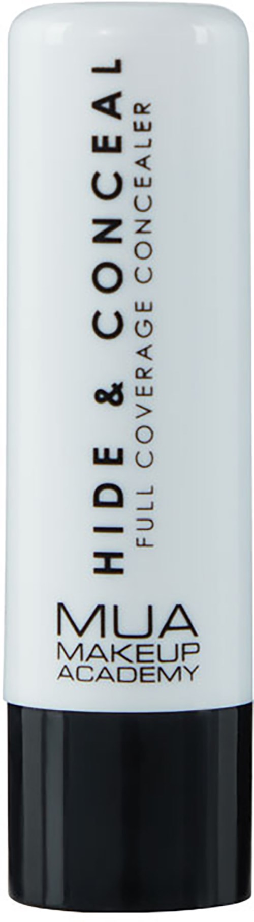 A white lipstick tube with black cap, labeled 'HIDE & CONCEAL,' for full coverage concealer by MUA Makeup Academy.