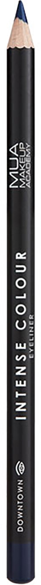A black pencil with white text, labeled 'Intense Colour' and 'MUA,' standing vertically against a black background.