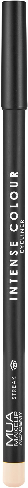 A black eyebrow pencil labeled "INTENSE COLOUR" and "MUA" with a clear cap on top.