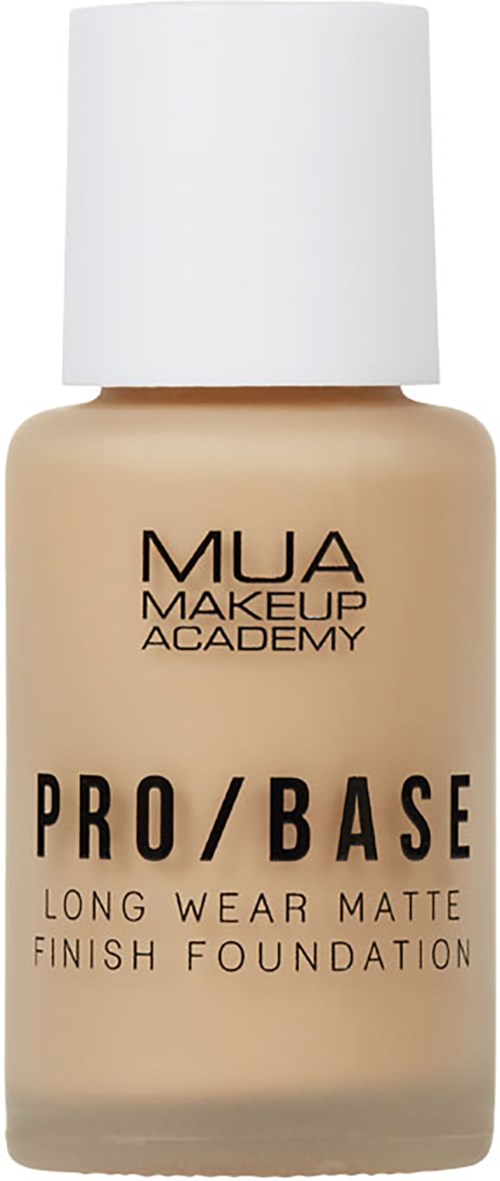 A bottle of foundation labeled MUA Pro/Base Long Wear Matte Finish, in beige color with a white cap.