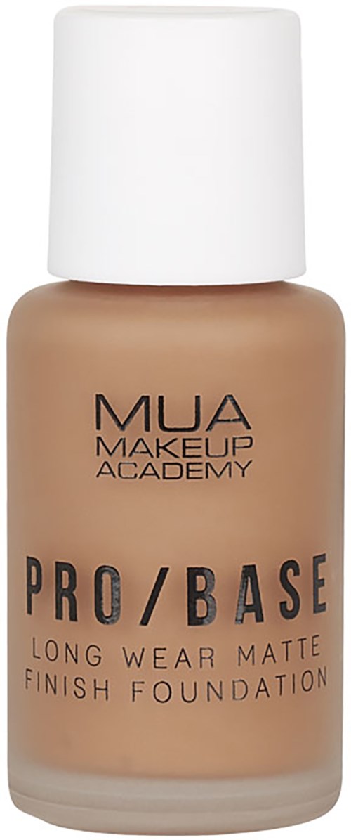 A beige foundation bottle with a white cap, labeled 'MUA Makeup Academy PRO/BASE Long Wear Matte Finish Foundation.'