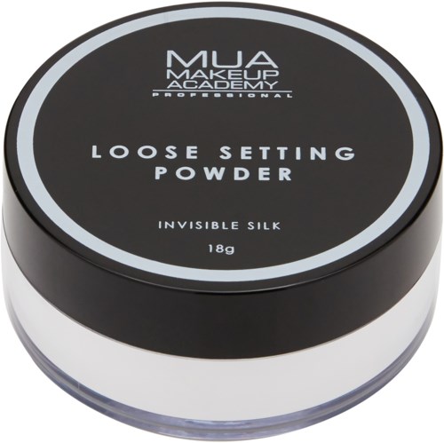 Okrągłe czarne opakowanie z napisem 'Loose Setting Powder' od MUA Makeup Academy, z przezroczystym dnem i srebrnym obramowaniem.
