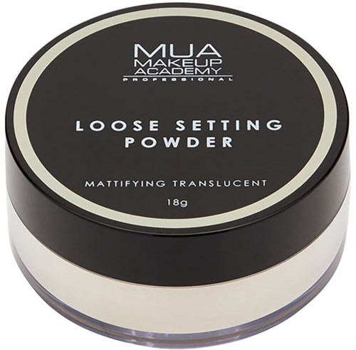 Okrągłe opakowanie z czarną pokrywką i białym spodem, oznaczone 'Loose Setting Powder' przez MUA Makeup Academy.