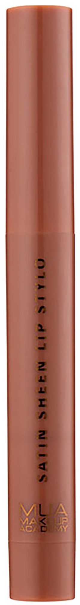 Ein pink-brundes Lippenstiftstift mit goldener Schrift auf schwarzem Hintergrund.