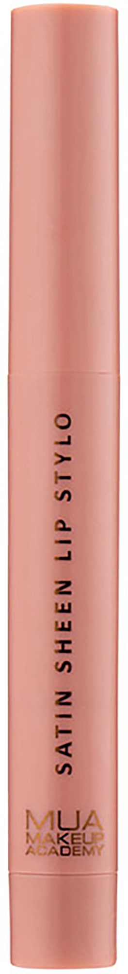 Ein rosa runder Tubus mit schwarzen Text, der sagt 'SATIN SHEEN LIP STYLO' und 'MUA MAKEUP ACADEMY'.