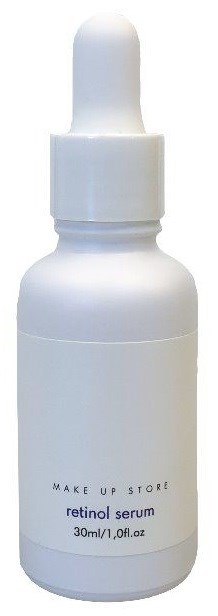 Valkoinen pullo tipputikulla, merkinnällä 'retinol serum,' sisältää 30 ml ihonhoitotuotetta.