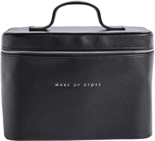 Musta meikkilaukku kahvalla, vetoketjulla ja tekstillä 'MAKE UP STORE' edessä.