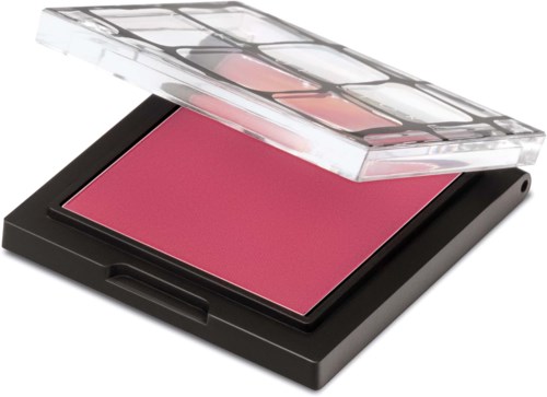 En rosa rouge makeup puder i ett svart fodral med ett genomskärligt lock och flera ögonskuggor.