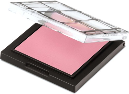 En rosa blush i ett svart fodral med ett genomskilbart lock, för sminkapplicering.