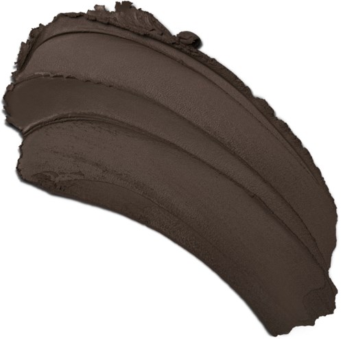 En kladd av mörkbrun makeup eller ögonskugga med mjuka, böjda linjer på en vit bakgrund.