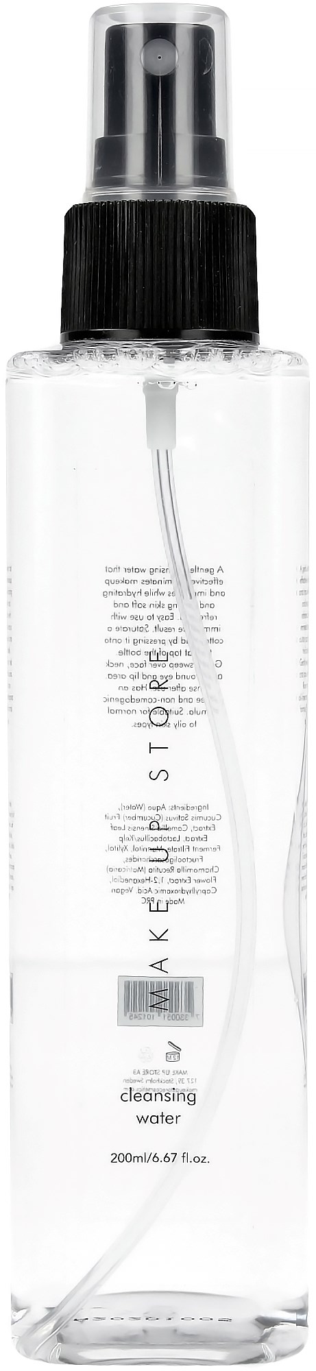 En transparent sprayflaska med svart lock och vit etikett, innehåller rengöringsvatten. Ingen märkning eller extra text.