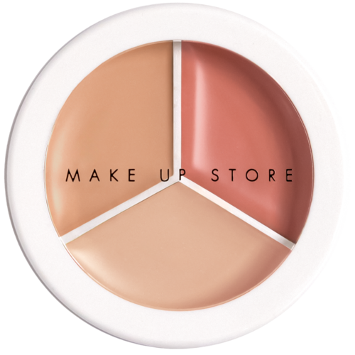 En rund makeup-palett med tre nyanser och texten 'MAKE UP STORE'.