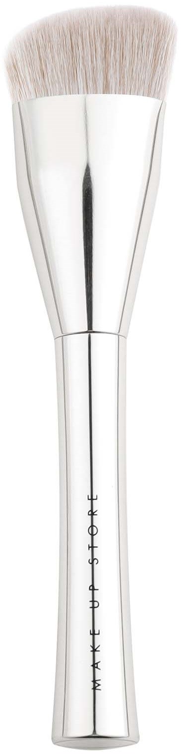A silver makeup brush with soft bristles and a simple handle, stands vertically against a black background.