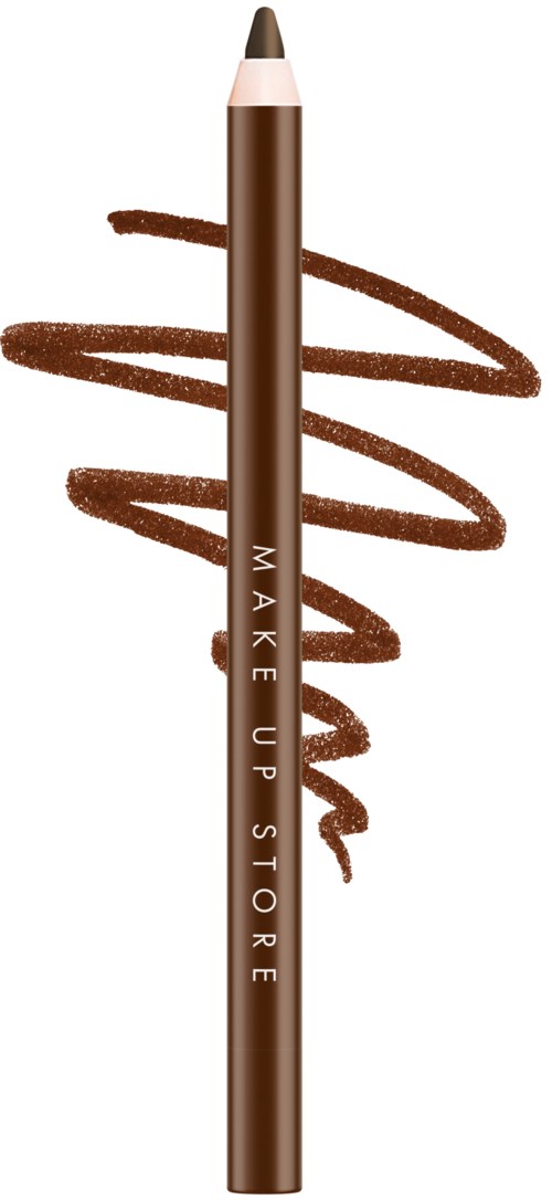 En brun makeup-penna med orden "MAKE UP STORE" skrivet på den, med en snurrad brun linje bakom.