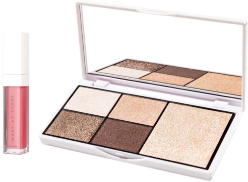 Een make-up palette met zes verschillende tinten en een roze lipgloss ernaast. De palette heeft een spiegel.