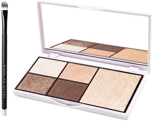 En makeuppalett med sex nyanser och en borste, i ett vitt fodral med spegel.