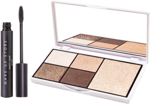 Een make-up palet met zes verschillende oogschaduwtinten en een mascara met een gebogen borstel.