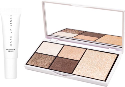 En sminkpalette med seks ulike nyanser og en hvit tube merket 'MAKE UP STORE' øyeskyggegrunning.