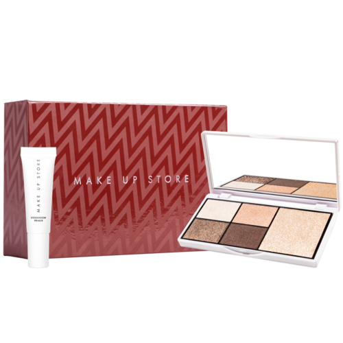 A makeup set includes a box, four eyeshadow shades, and a primer tube.