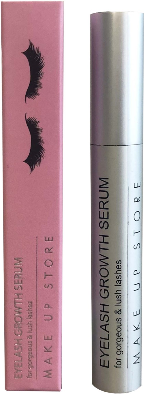 Ett silverrör och en rosa box med konstläppar, märkt som ögonfransserum från Make Up Store.