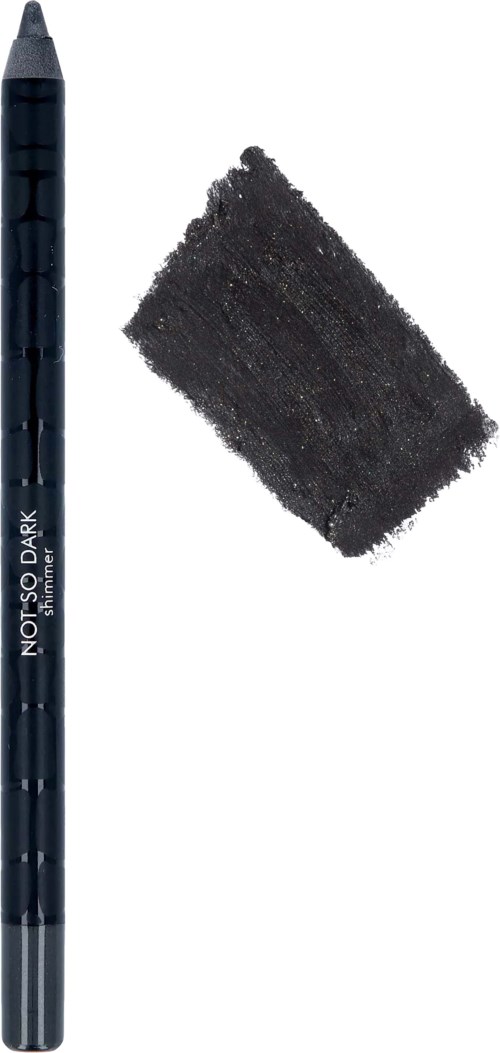 En sort eyeliner blyant med en smudget spids og en mørk, tekstureret prøve ved siden af.