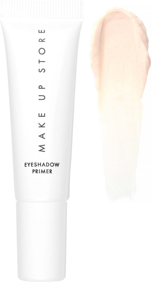 Valkoinen putkilö, jossa lukee "Make Up Store Eyeshadow Primer" ja vaalean beigen värinen näyte sen vieressä.