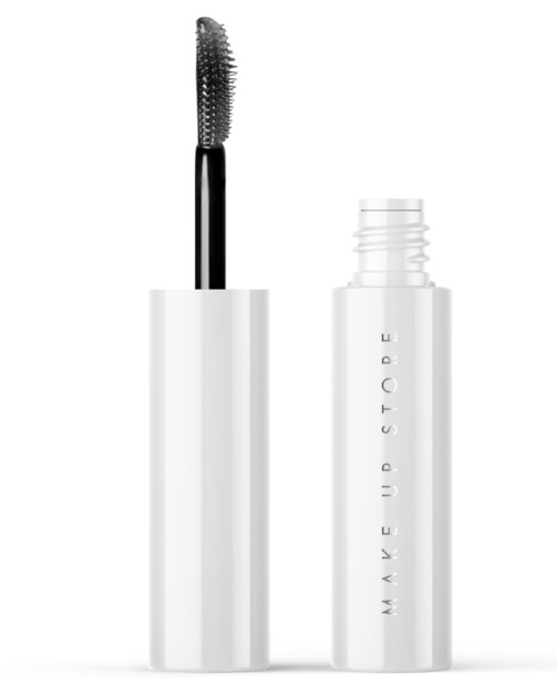Biała tubka z napisem MAKE UP STORE, otwarta, z szczoteczką do tuszu do rzęs wewnątrz.