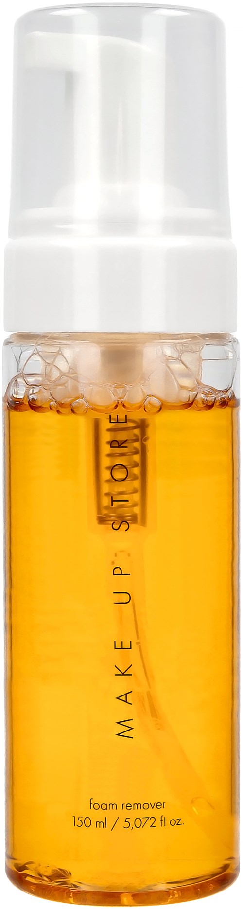 En tydlig flaska med gyllene vätska, märkt 'MAKE UP'. Det är en skumrengöring, 150 ml storlek.