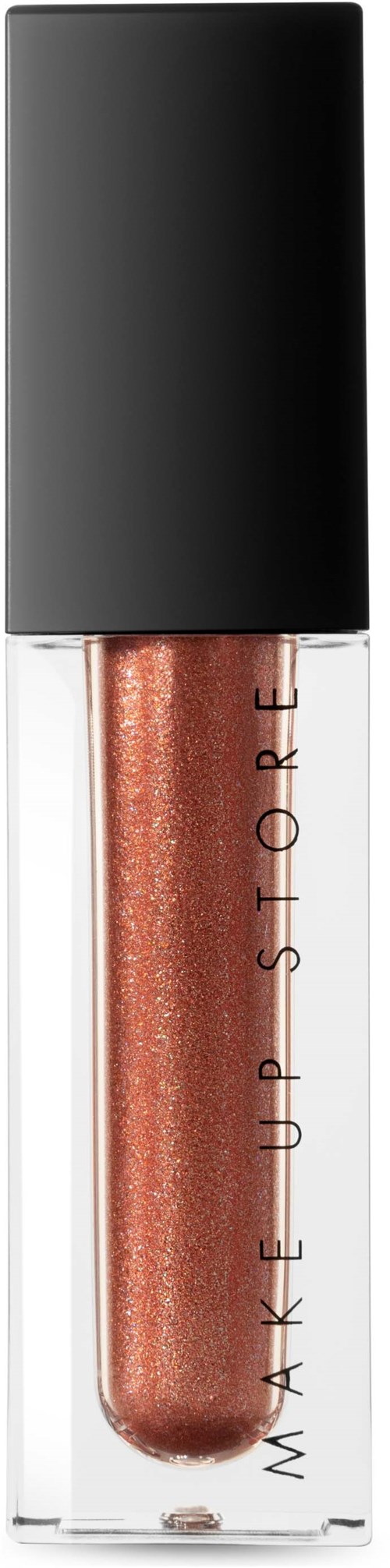 A lip gloss with a black cap and shimmering rose-gold color inside.