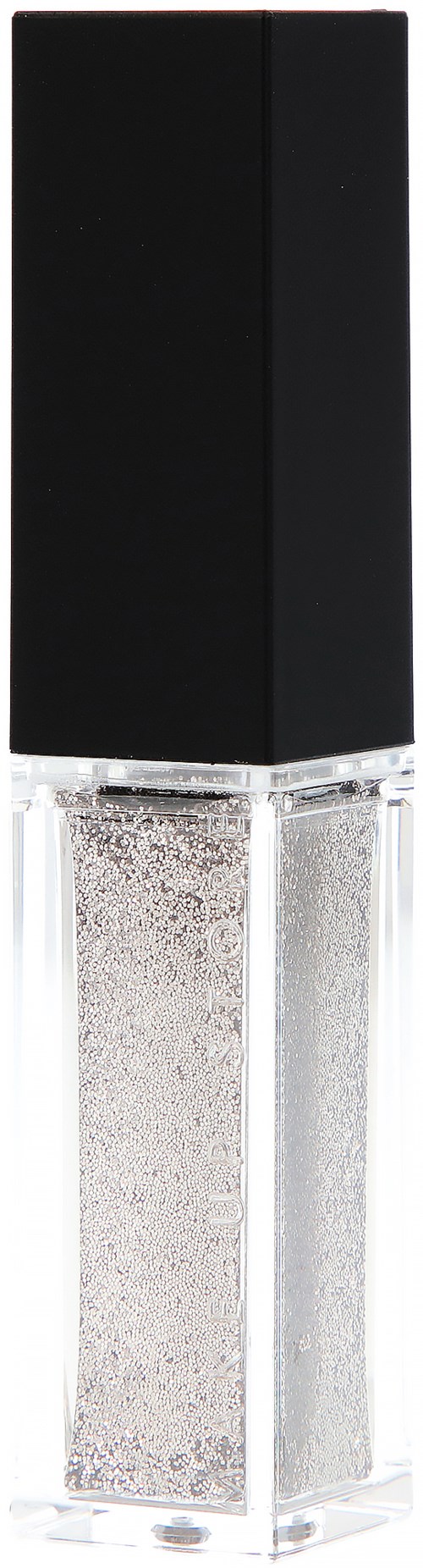 En tydlig flaska med silverglitter och svart lock, troligtvis nagellack.