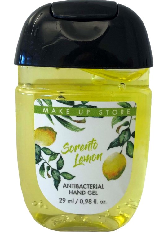 Liten gul handdesinfektionsflaska med citrondesign och blad, märkning som antibakteriell handgel från Make Up Store.