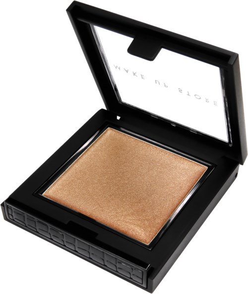 En sminkkompakt med glansfull bronsfärgad puder inuti och ett öppet klart lock som visar. Kompakten är svart med texturerade sidor.