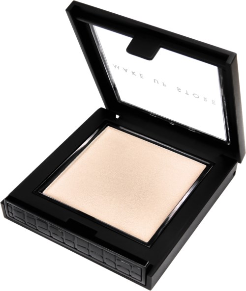 En svart sminkkompakt med spegel, innehållande ljusbeige puder.