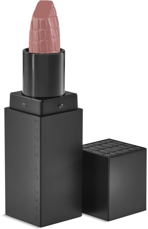 A black lipstick container with a pink, crocodile-patterned lipstick sticking out.