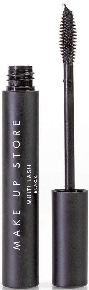 En svart mascara-rör med en borste bredvid, märkt 'MAKE UP STORE MULTI LASH MAX'.